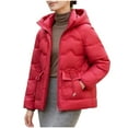 thumbnail image 1 of Women's Winter Hooded Jacket Solide Color Zip UP Puffer Jacket Thicken Stand Collar Snow Coat with Removable Hood Red 4XL, 1 of 9