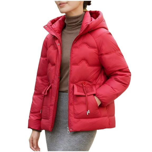 Women's Winter Hooded Jacket Solide Color Zip UP Puffer Jacket Thicken Stand Collar Snow Coat with Removable Hood Red XL