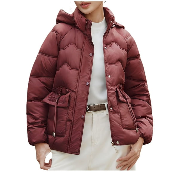 Women's Winter Hooded Jacket Solide Color Zip UP Puffer Jacket Thicken Stand Collar Snow Coat with Removable Hood Wine 2XL
