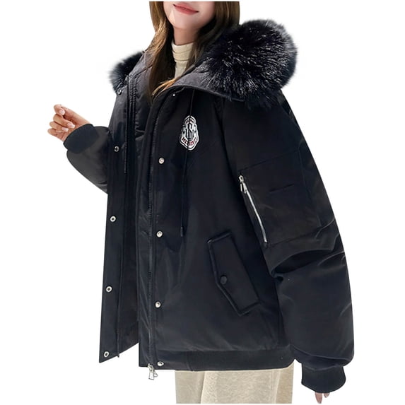 Women's Winter Hooded Jackets Faux Fur Collar Full Zip Button Cardigan Thicken Thermal Casual Loose Outwear With Pockets (S, Black)