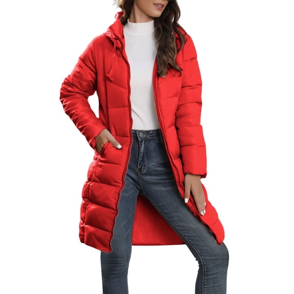 Women's Winter Hooded Mid Length Slim Fit Thermal Insulated Jacket Warm Cozy Outerwear