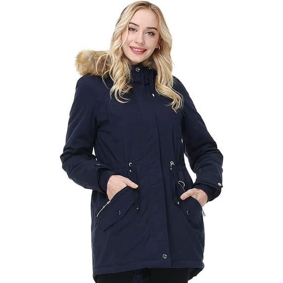 Women's Winter Hooded Parka Coat Warm Fleece Lined Jacket Thickened Windproof Parka with Removable Faux Fur Trim(Navy, L)
