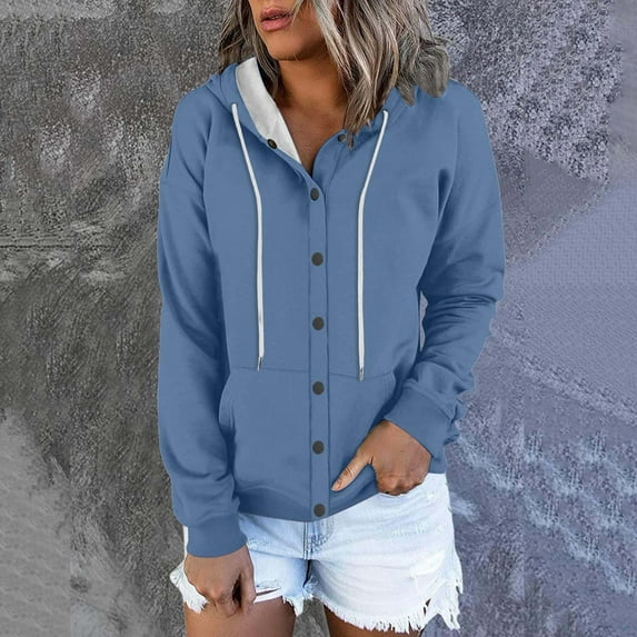Women's Winter Hooded Sweatshirt - Soft Polyester Pullover with Drawstring | Petite Asian-Fit Casual Top for Cold Weather (Blue, Size L)