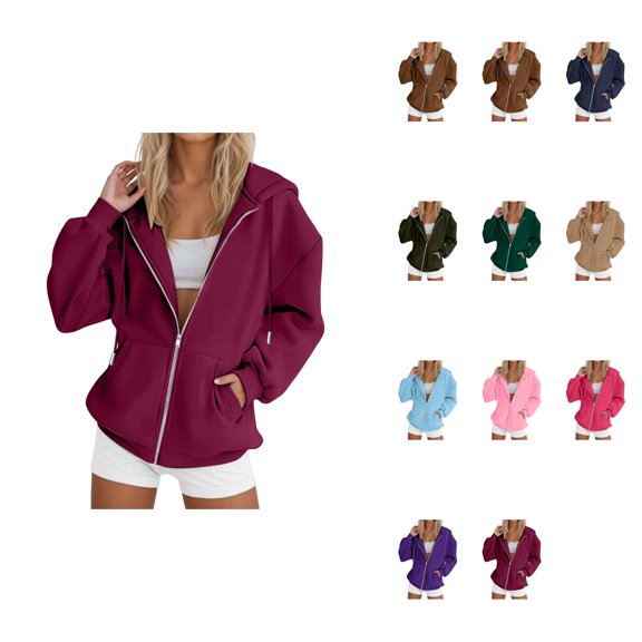 Women's Winter Hooded Velvet Loose Oversized Hoodie with Drawstring Zip-Up, Cute Casual Sweatshirt with Pocket for Fall