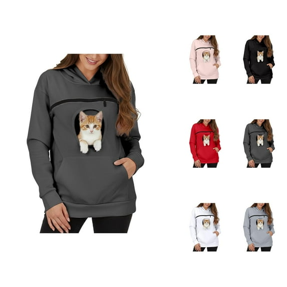 Women's Winter Hoodie with Large Pet Pouch, Kangaroo Pocket Pullover Sweatshirt, Cozy Long Sleeve Hooded Top for Women