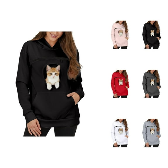 Women's Winter Hoodie with Large Pet Pouch, Kangaroo Pocket Pullover Sweatshirt, Cozy Long Sleeve Hooded Top for Women