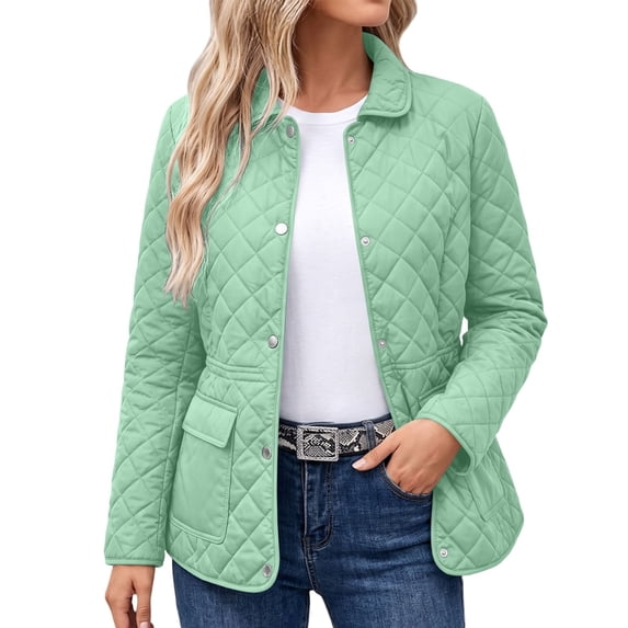Women's Winter Jacket Baeitkot Diamond Quilted Button-Up Lapel Collar Coat with Pockets Casual Daily Wear Green M