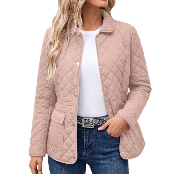 Women's Winter Jacket Baeitkot Diamond Quilted Button-Up Lapel Collar Coat with Pockets Casual Daily Wear Pink L