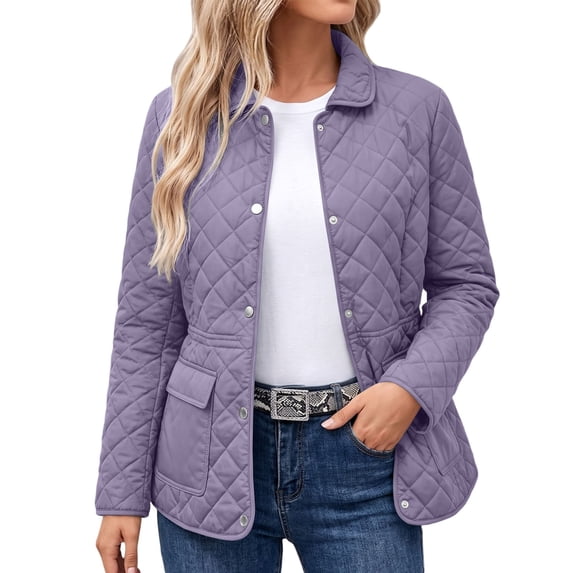 Women's Winter Jacket Baeitkot Diamond Quilted Button-Up Lapel Collar Coat with Pockets Casual Daily Wear Purple XXL