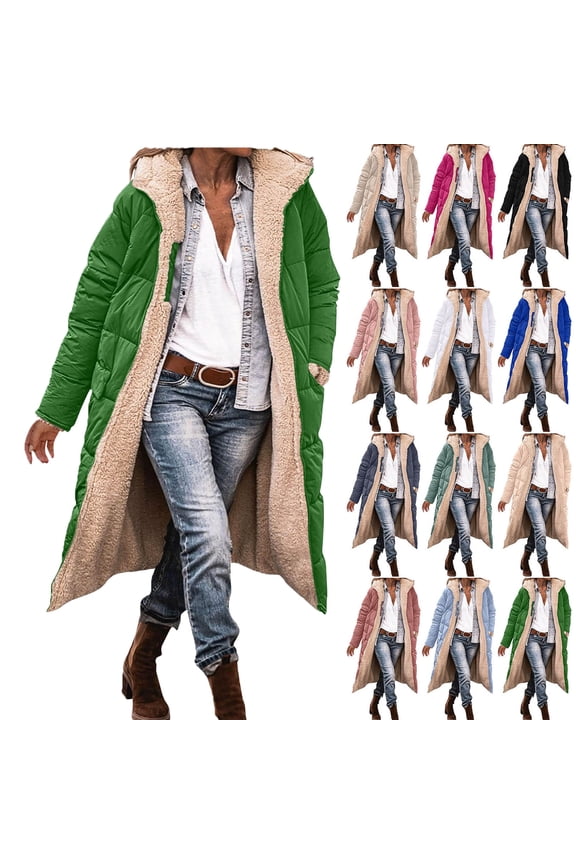 Women's Winter Jacket Coat Fleece Lined Long Fluffy Coat Ndbuld Women's Winter Casual Loose Color Pocket Zippered Reversible Long Cotton Coat,Army Green,XL