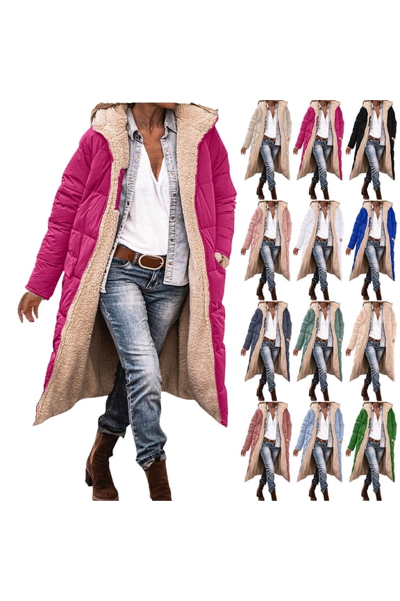Women's Winter Jacket Coat Fleece Lined Long Fluffy Coat Ndbuld Women's Winter Casual Loose Color Pocket Zippered Reversible Long Cotton Coat,Hot Pink,2XL
