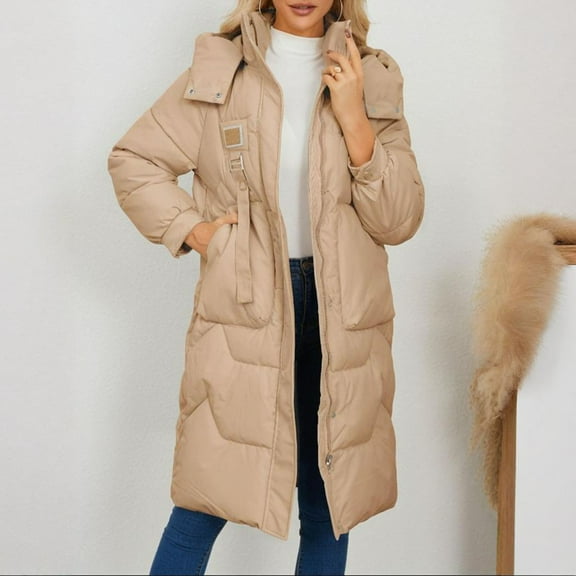 Women's Winter Jacket Long Coats Hooded Warm Parka Quilted Windbreaker Zip up Padded Long Outerwear with Pockets Khaki L