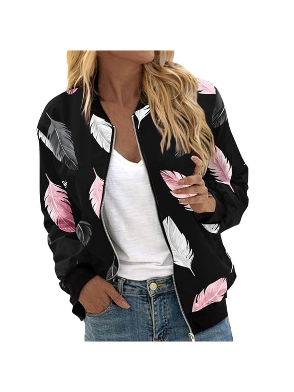 Women's Winter Jacket Long Sleeve Fall Winter Casual Zip Up Bomber Coat with Pockets