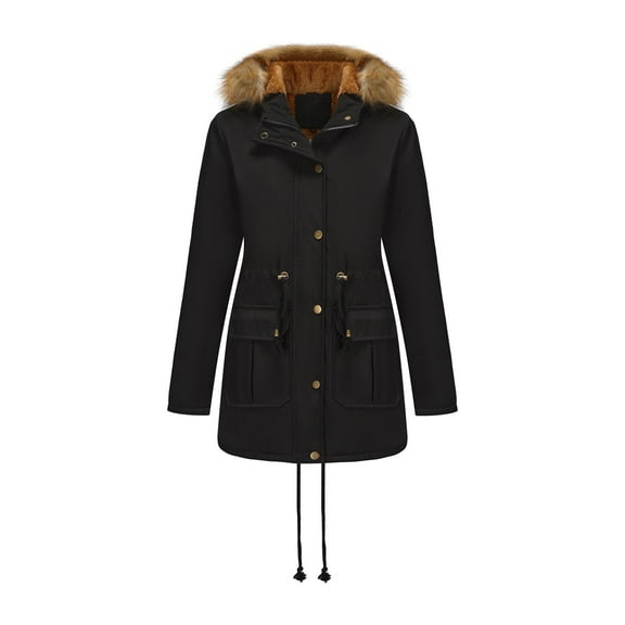 Women's Winter Jacket Thicken Fleece Lined Coat Tunic Parka Coat with Faux Fur Hood Black XL
