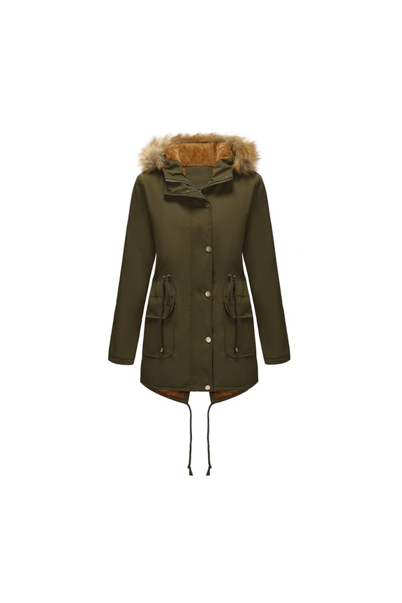 Women's Winter Jacket Thicken Fleece Lined Coat Tunic Parka Coat with Faux Fur Hood Olive Green XL
