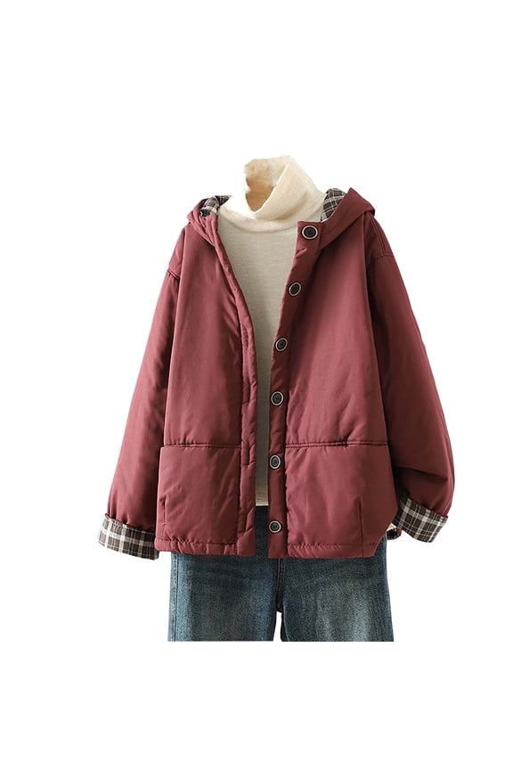 Women's Winter Jackets Hooded Button Down Plaid Patchwork Cardigan Casual Loose Thermal Outwear With Pockets (XL, Red)