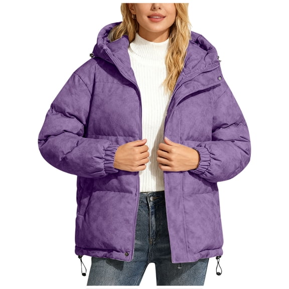 Women's Winter Jackets Hooded Drawstring Button Down Full Zip Outwear Casual Thermal Stylish Coat With Pockets (XXL, Purple-A)