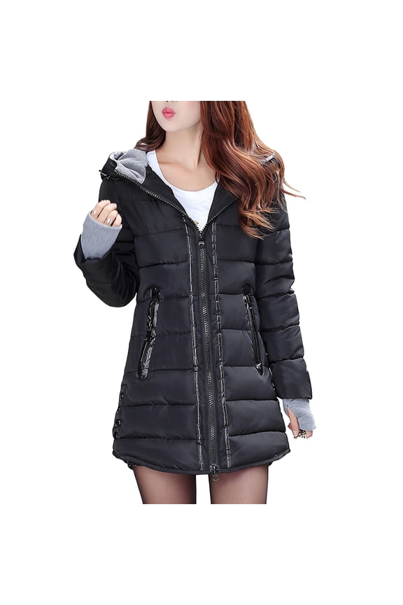 Women's Winter Jackets Hooded Front Zipper Thumb Hole Long Tunic Cardigan Thermal Cauasl Coat With Zip Pockets (M, Black)