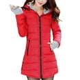 thumbnail image 1 of Women's Winter Jackets Hooded Full-Zip Thumb Holes Cardigan With Zipper Pockets Thermal Winter Cotton Long Outwear (XL, Red), 1 of 2