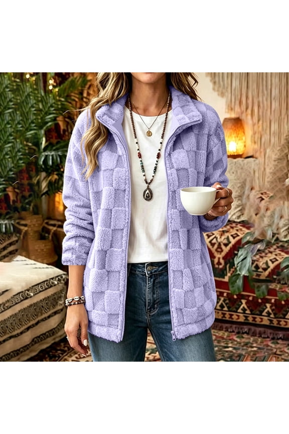 Women's Winter Jackets Long Sleeve Full Zip Soft Warm Fleece Jacket Casual Checkered Fleece Jacket Fuzzy Oversized Sherpa Jacket Shacket Faux Fur Coat