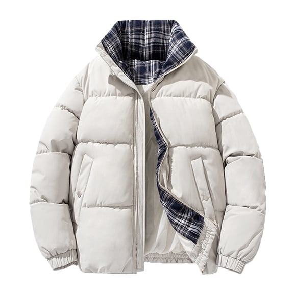 Women's Winter Jackets Stand Collar Full Zip Plaid Patchwork Cardigan Casual Loose Thermal Outwear With Pockets (XL, Beige)