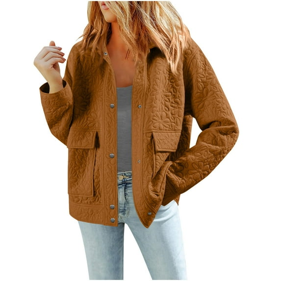 Women's Winter Jackets Textured Solid Color Button Up Fall Heavy Coats with Flap Pockets Long Sleeve Thick Jacket (L, Brown)