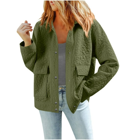 Women's Winter Jackets Textured Solid Color Button Up Fall Heavy Coats with Flap Pockets Long Sleeve Thick Jacket (XL, Green)