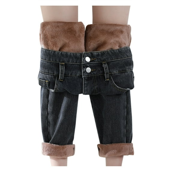 Women's Winter Jeans Pull On Wide Leg Baggy Fleece Lined Jeans High Waist Loose Thickened Warm Straight Jeans Jeggings