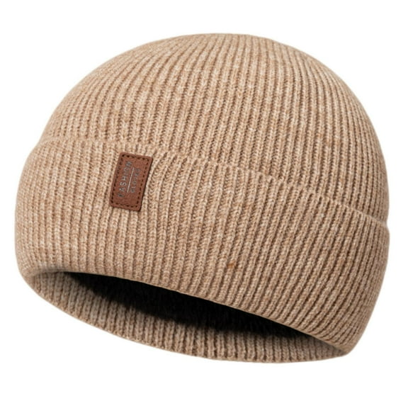 Women's Winter Knit Beanie, Fleece Lined Cuffed Hat, Thermal Slouchy Hat, Cold Weather Ski Cap, Solid Color Warm Hat for Women Beige