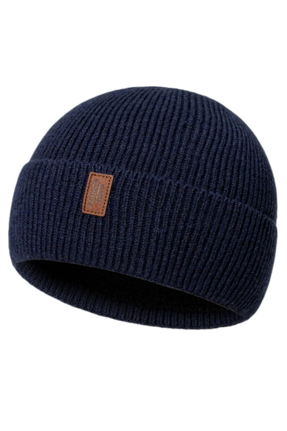 Women's Winter Knit Beanie, Fleece Lined Cuffed Hat, Thermal Slouchy Hat, Cold Weather Ski Cap, Solid Color Warm Hat for Women Navy