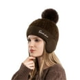 thumbnail image 1 of Women's Winter Knit Beanie with Pom Pom, Plush Lined Ear Flap Hat, Double-Lined Thermal Winter Hat, Soft Wool Blend Cold Weather Cap for Outdoor Activities Coffee, 1 of 3