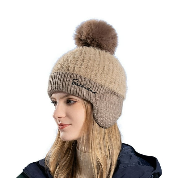 Women's Winter Knit Beanie with Pom Pom, Plush Lined Ear Flap Hat, Double-Lined Thermal Winter Hat, Soft Wool Blend Cold Weather Cap for Outdoor Activities Khaki
