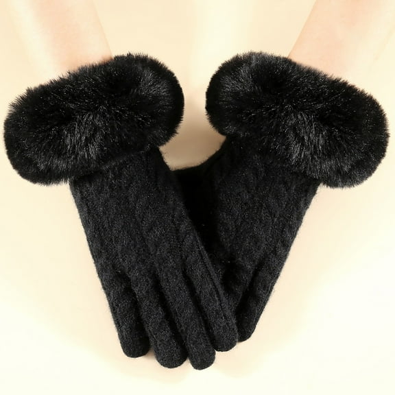 Women's Winter Knit Gloves with Fashionable Large Furry Cuffs, Touchscreen Cold Proof Gloves for Outdoor Cycling, Small Chic Style Thermal Gloves, Warm Winter Riding Gloves for Women - Black