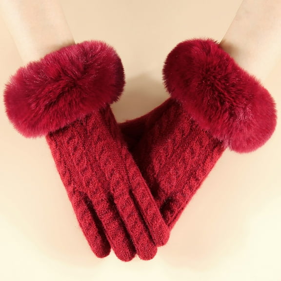 Women's Winter Knit Gloves with Fashionable Large Furry Cuffs, Touchscreen Cold Proof Gloves for Outdoor Cycling, Small Chic Style Thermal Gloves, Warm Winter Riding Gloves for Women - Red