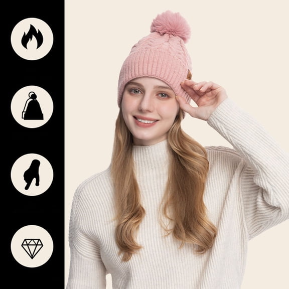 Women's Winter Knit Hat, Fleece Lined Cuffed Beanie with Pom Pom, Slouchy Ski Cap, Cold Weather Hat, Warm Knit Beanie for Women Pink
