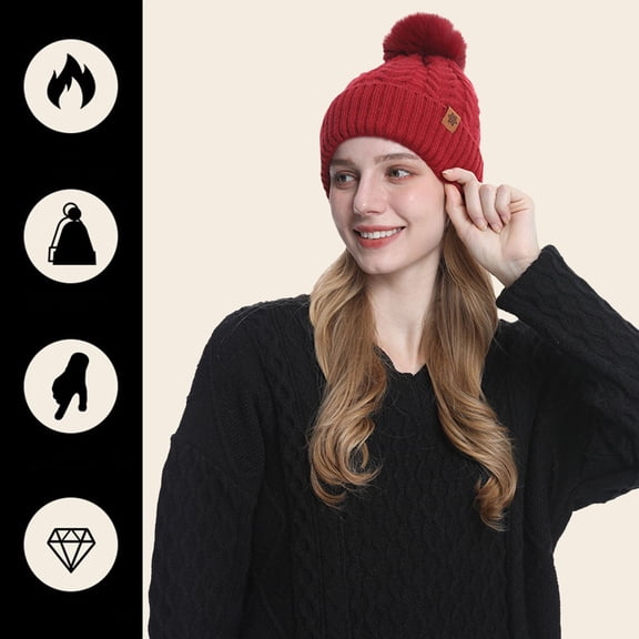 Women's Winter Knit Hat, Fleece Lined Cuffed Beanie with Pom Pom, Slouchy Ski Cap, Cold Weather Hat, Warm Knit Beanie for Women Red