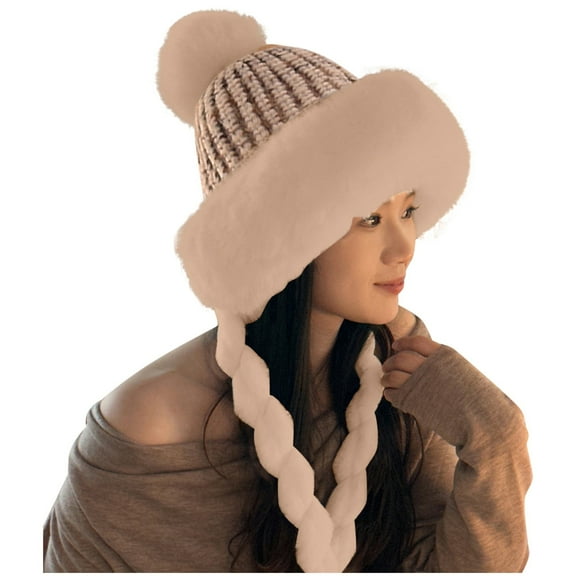 Women's Winter Knit Hat With Pompom & Fuzzy Earflaps - Warm Ski Cap with Braided Ties, Ideal for Outdoor Activities, Cold Weather Styling & Casual Daily Wear,Size:One Size