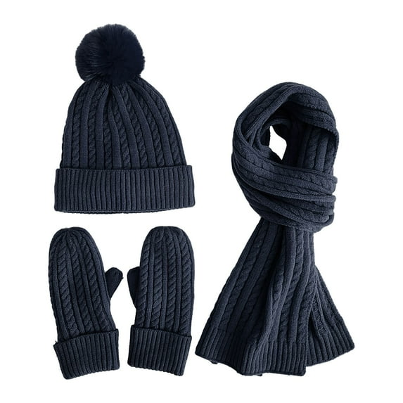 Women's Winter Knit Hat Scarf Gloves Set, Solid Color Fleece Lined Three-Piece Accessories, Warm Wool Blend Thermal Set, New Style Cold Weather Beanie and Neck Warmer with Matching Gloves Black