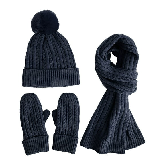 Women's Winter Knit Hat Scarf Gloves Set, Solid Color Fleece Lined Three-Piece Accessories, Warm Wool Blend Thermal Set, New Style Cold Weather Beanie and Neck Warmer with Matching Gloves Black