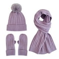 thumbnail image 1 of Women's Winter Knit Hat Scarf Gloves Set, Solid Color Fleece Lined Three-Piece Accessories, Warm Wool Blend Thermal Set, New Style Cold Weather Beanie and Neck Warmer with Matching Gloves Purple, 1 of 4