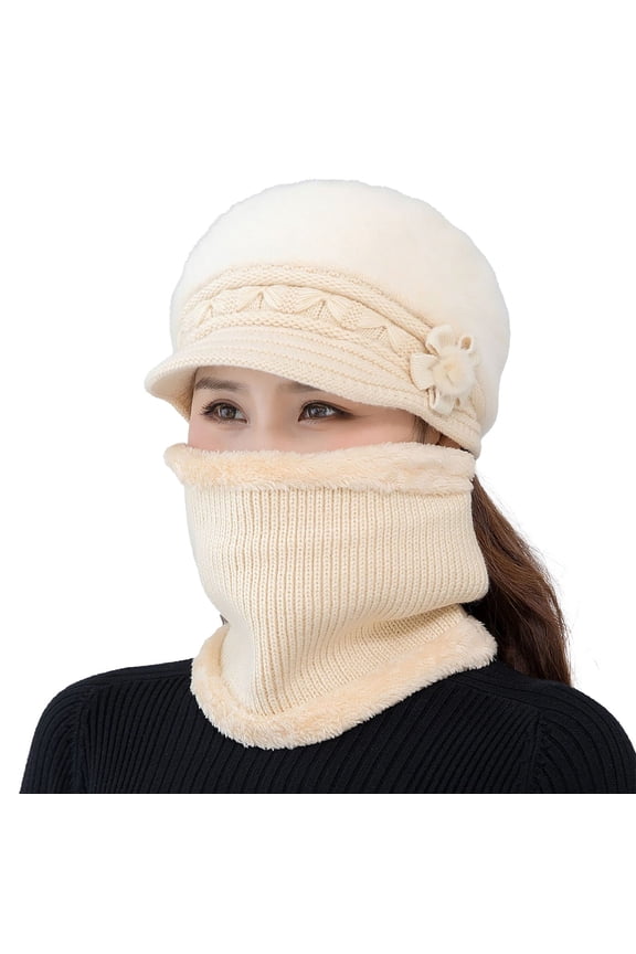 Women's Winter Knit Hat and Scarf Set, Fleece Lined Warm Beanie with Neck Warmer for Cold Weather, Thickened Thermal Ear Protection Set for Women, Soft Knit Cap and Scarf for Outdoor Activities Beige
