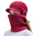 thumbnail image 1 of Women's Winter Knit Hat and Scarf Set, Fleece Lined Warm Beanie with Neck Warmer for Cold Weather, Thickened Thermal Ear Protection Set for Women, Soft Knit Cap and Scarf for Outdoor Activities Wine, 1 of 6