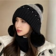 thumbnail image 1 of Women's Winter Knit Hat with Three Pom Poms, Cute Beaded Korean Style Beanie, Warm Ear Protection Cap, Fashion Slouchy Beanie, Soft Yarn Winter Hat, Cold Weather Cap - Black, 1 of 4