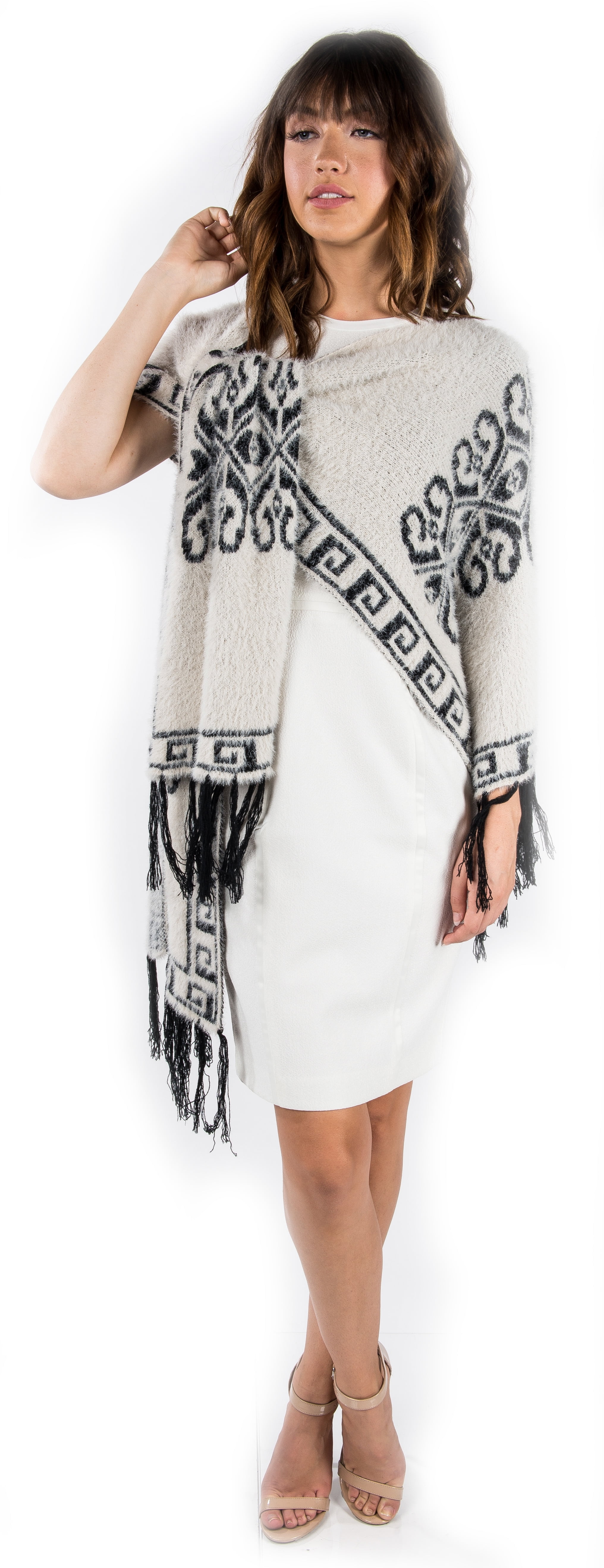 Women's Winter Knit Mayan Pattern Fringe Knit Poncho
