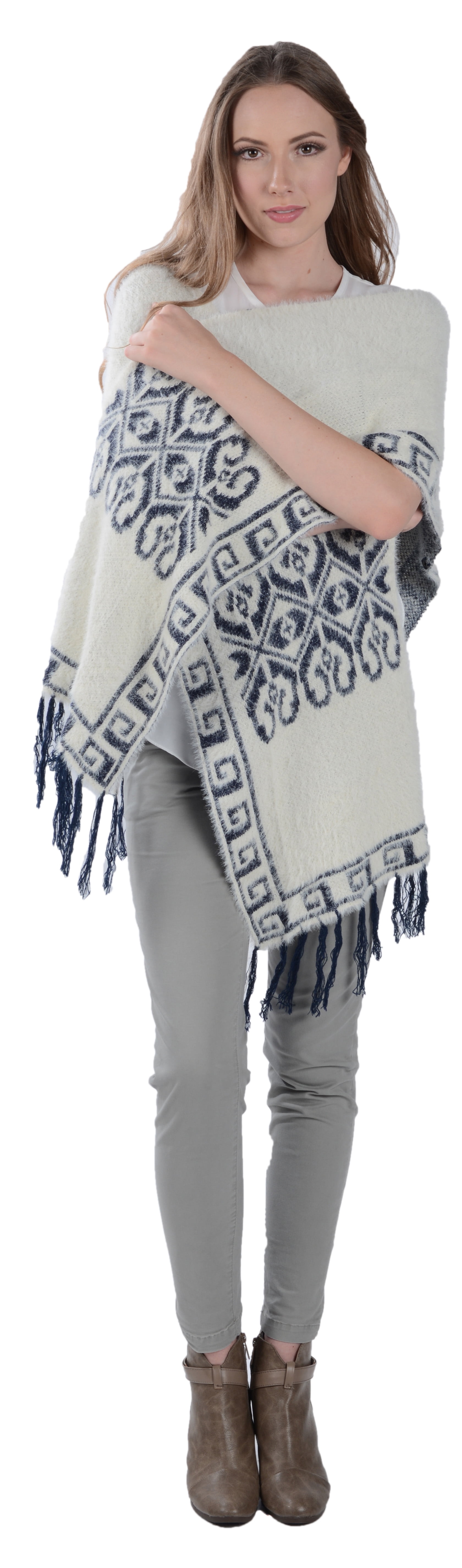 Women's Winter Knit Mayan Pattern Fringe Knit Poncho