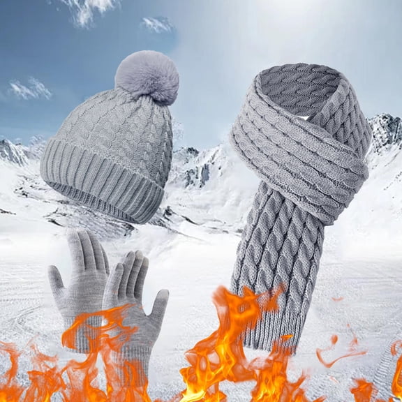 Women's Winter Knit Scarf Gloves Hat Set, Fleece Lined Three-Piece Accessories for Cold Weather, Thickened Warm Knitted Set for Outdoor Activities, Soft Thermal Winter Kit for Women and Men Grey