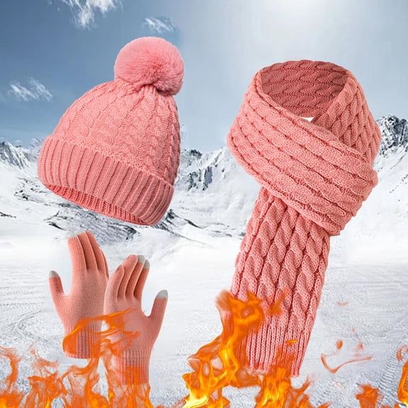 Women's Winter Knit Scarf Gloves Hat Set, Fleece Lined Three-Piece Accessories for Cold Weather, Thickened Warm Knitted Set for Outdoor Activities, Soft Thermal Winter Kit for Women and Men Pink