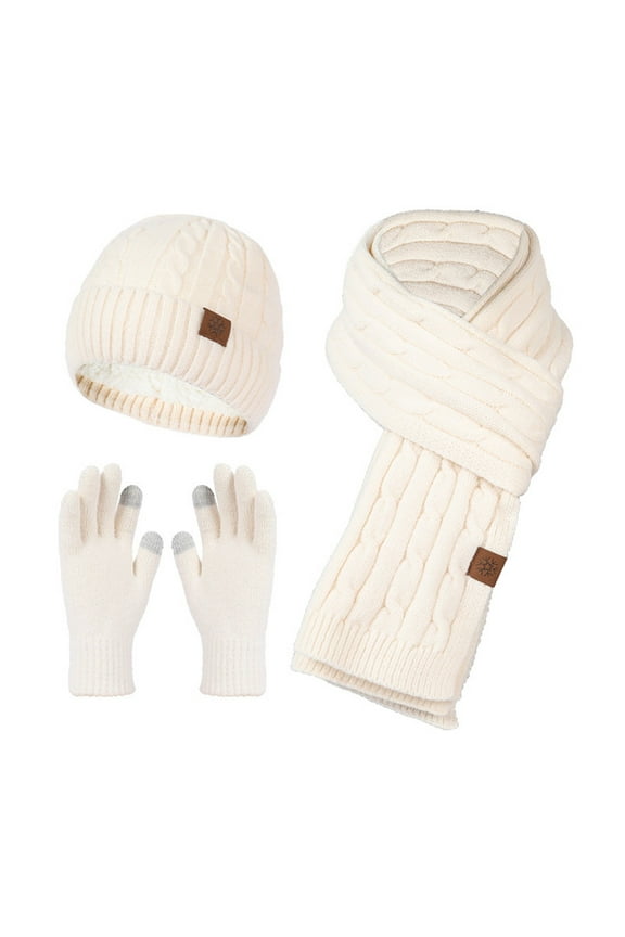 Women's Winter Knit Set, Fleece Lined Cuffed Beanie, Matching Scarf & Gloves, 3-Piece Thickened Winter Set, Warm Cold Weather Accessories Beige