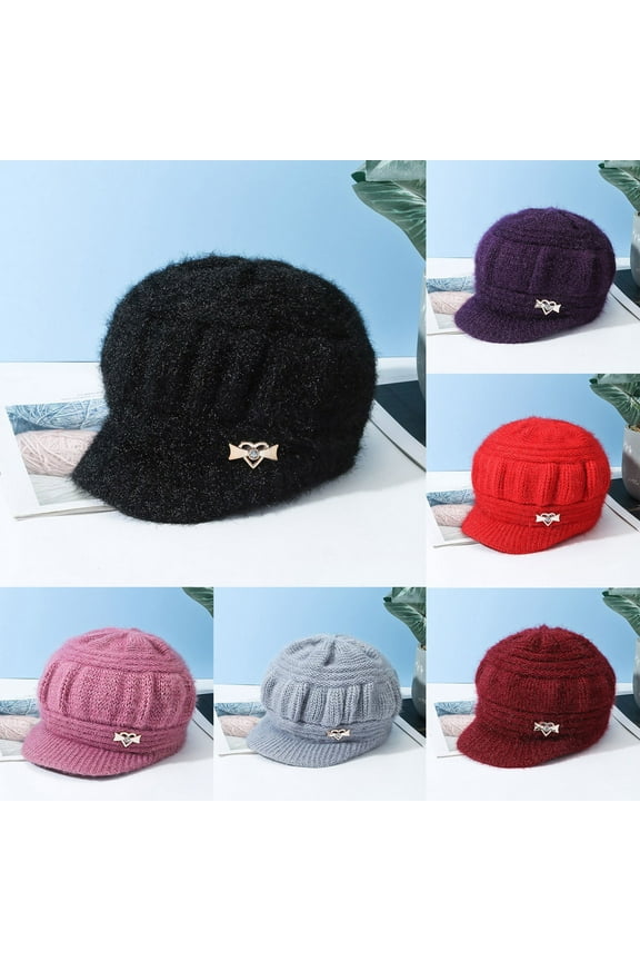 Women's Winter Knit Ski Hat with Visor Wool Snow Beanie Cap