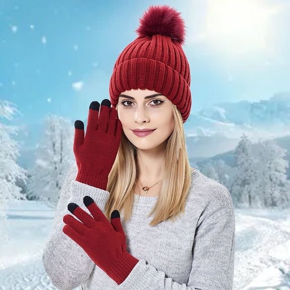 Women's Winter Knit Ski Hat with and Gloves Set Soft Thick Warm Baseball Cap for Cold Weather